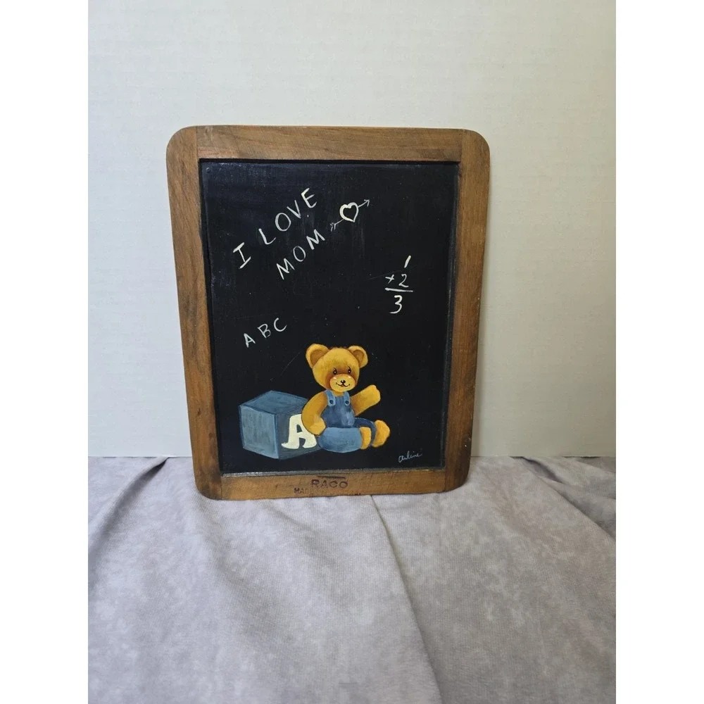 Vintage Wooden School Slate Blackboard Wall Hanging Teddy Bear Nursery Art RACO